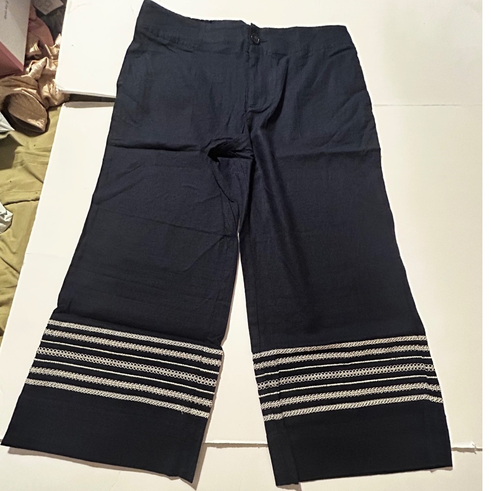 Navy Blue Linen Blend Wide Leg Cropped Pants Embroidered Hem Med Boho Chic